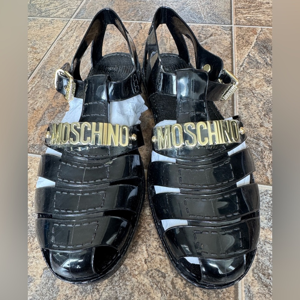 Moschino Glossy Black Sandals with Gold Logo